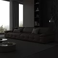 Modern Brown Leather Three Seater Sofa with Plush Pillows Scenic Window View Coffee Table Rug
