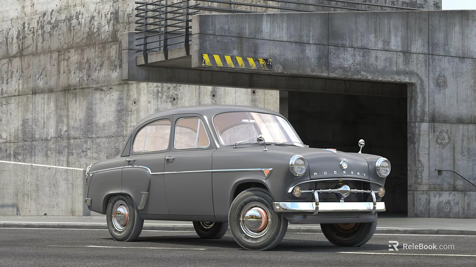 Gray Vintage Classic Sedan Parked By Garage Entrance With Concrete Wall And Warning Stripes 3d model 