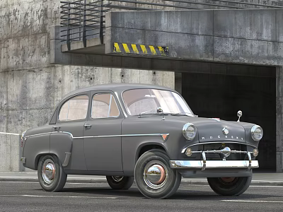 Gray Vintage Classic Sedan Parked By Garage Entrance With Concrete Wall And Warning Stripes 3d model