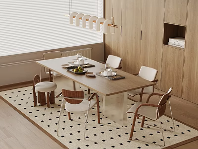 Modern Dining Table With Chairs Set On Checkered Rug Near Wooden Cabinets And Pendant Light 3d model