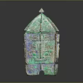 Ancient Bronze Vessel With Turquoise Blue Patina Roof Shaped Lid And Intricate Patterns