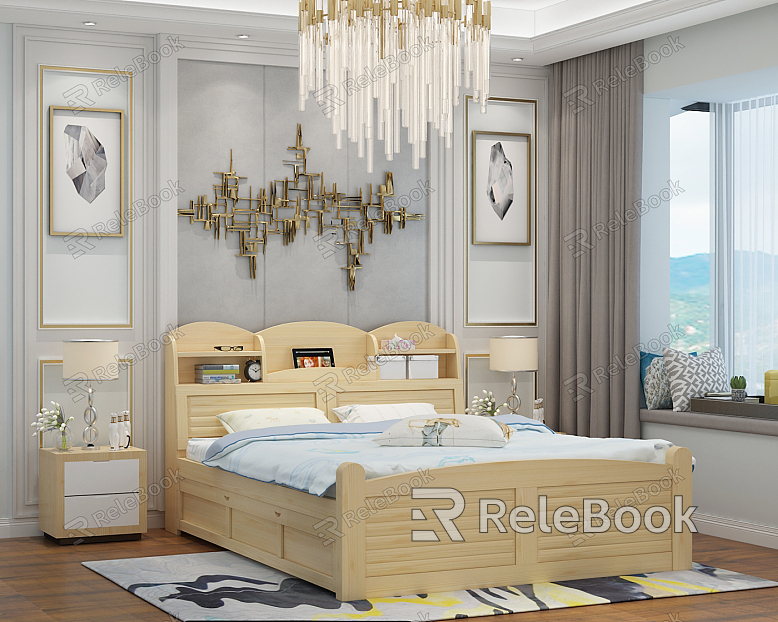 Modern Background Double Bed Solid Wood Plate Bed model