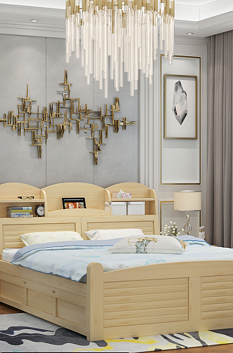 Modern Background Double Bed Solid Wood Plate Bed 3d model