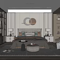 Modern Elegant Bedroom Interior With Round Decorative Lights Gray Bedding Nightstands Rug Chair And Bookshelf