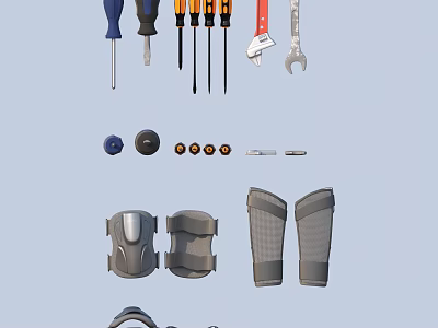 Essential Household Supplies With Screwdrivers Wrenches Knee Pads Screws Nuts And Protective Gear 3d model