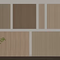 Modern Wooden Wall Panels With Vertical Stripes Design Natural Brown Beige Tones And Decorative Plant
