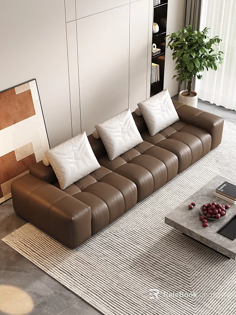 Brown Leather Three-Seater Sofa with White Cushions on Beige Rug in Modern Living Room 3d model 