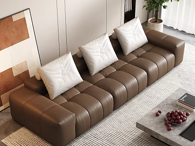 Brown Leather Three-Seater Sofa with White Cushions on Beige Rug in Modern Living Room 3d model