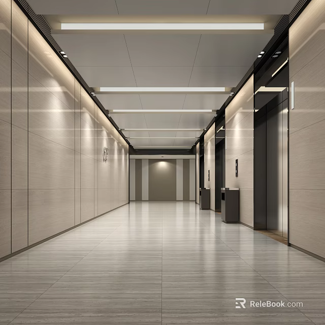 Modern Elevator Hallway Interior Design With Sleek Walls Polished Floor And Recessed Lighting 3d model 