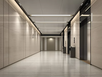 Modern Elevator Hallway Interior Design With Sleek Walls Polished Floor And Recessed Lighting 3d model