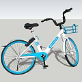 Blue And White Bicycle With Front Blue Basket Parked On Road Near Trees And Houses