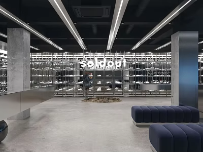 Sonofdi Modern Spacious Store Interior With Industrial Design Metal Shelves And Blue Benches 3d model
