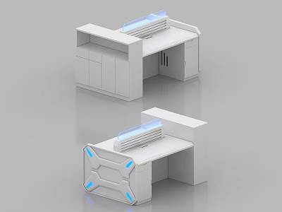 Modern Office Desk Design With White Cabinetry And Blue Accent Lighting Features 3d model