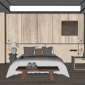 Elegant Modern Bedroom Interior With Wooden Paneling Bed Bench Nightstands And Table Lamps