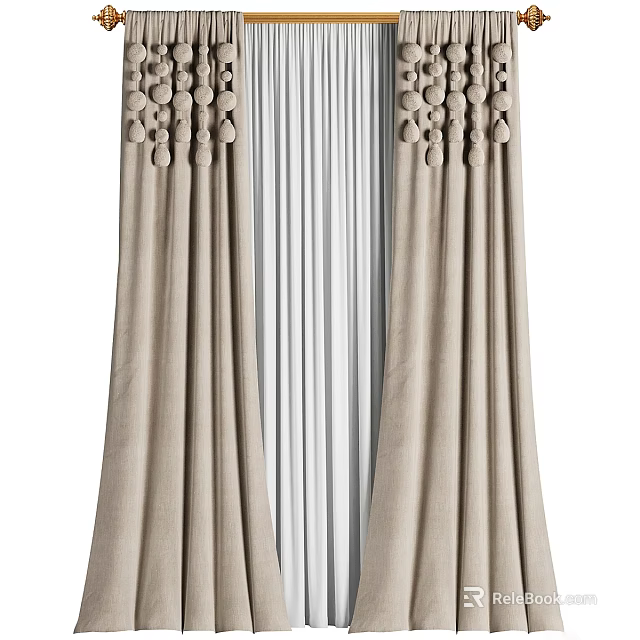 Elegant Beige Linen Curtains with Pleated Design and Ornamental Top Flowing Drapes 3d model 