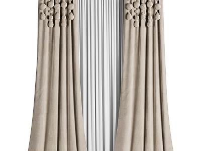 Elegant Beige Linen Curtains with Pleated Design and Ornamental Top Flowing Drapes 3d model