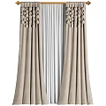 Elegant Beige Linen Curtains with Pleated Design and Ornamental Top Flowing Drapes