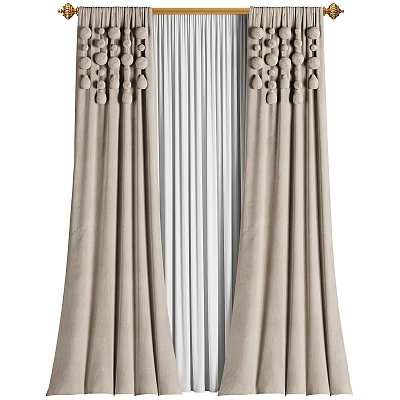 Elegant Beige Linen Curtains with Pleated Design and Ornamental Top Flowing Drapes 3d model