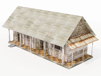 Rural Self built House with Wooden Structure Corrugated Iron Roof and Front Porch Tiled Floor 3d model