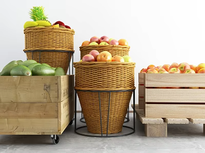 Fresh Fruits in Woven Baskets and Wooden Crates Filled with Assorted Varieties 3d model