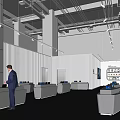 Modern Exhibition Hall Featuring Gray Walls Track Lights Display Counters And People Viewing Exhibits