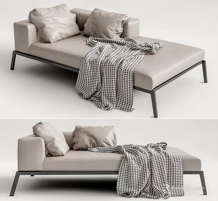Modern Beige Chaise Lounge with Plush Pillows Checkered Blanket and Metal Legs 3d model 