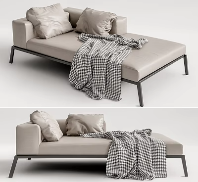 Modern Beige Chaise Lounge with Plush Pillows Checkered Blanket and Metal Legs 3d model