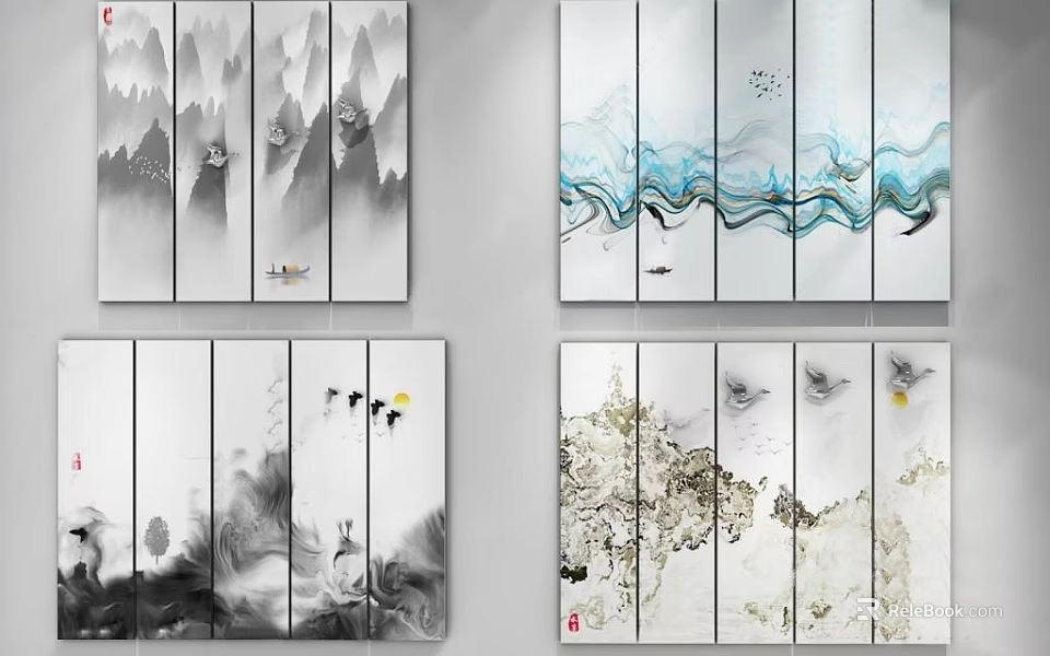 Four Panel Abstract Paintings With Ink Wash Mountain Wave Patterns And Birds 3d model 
