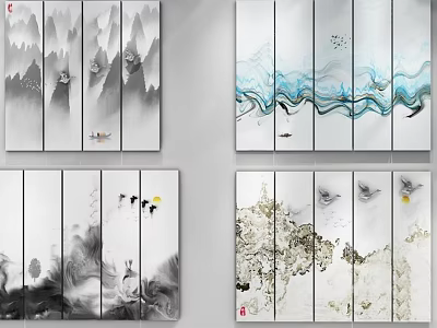 Four Panel Abstract Paintings With Ink Wash Mountain Wave Patterns And Birds 3d model