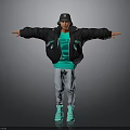 Man Wearing Black Jacket Green T Shirt Gray Pants Bright Blue Shoes With Arms Outstretched