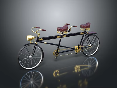 Vintage Tandem Bicycle with Black Gold Frame Red Handlebars and Leather Seats 3d model