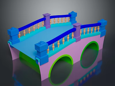 Colorful 3D Model Bridge With Pink Body Blue Railings Green Base And Golden Decorative Posts 3d model