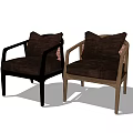 Two Comfortable Leisure Chairs With Dark Brown Upholstery And Light Wooden Armrest Frames