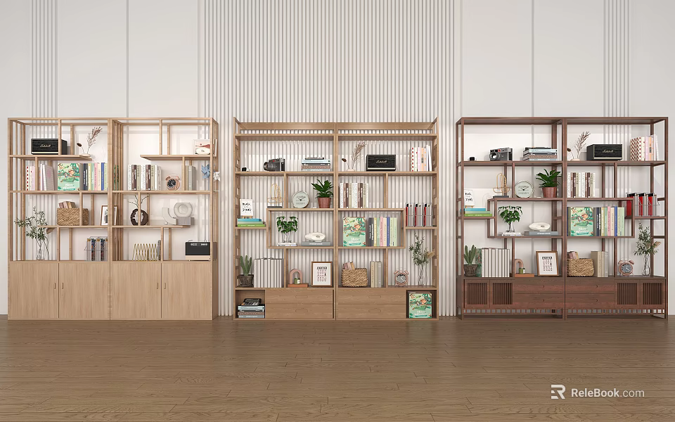 Stylish Wooden Bookcases Interior With Books Decorative Items Plants And Frames 3d model 