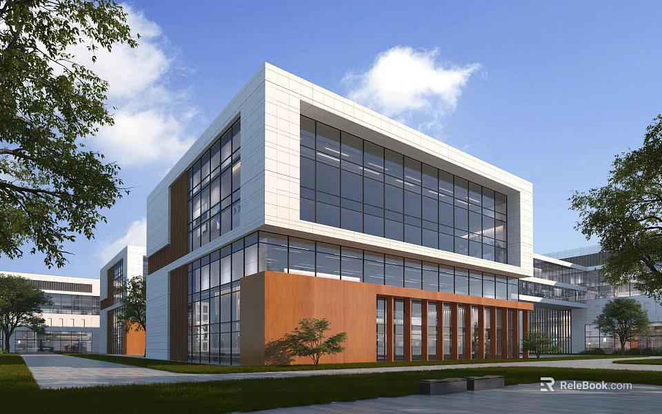 Modern Office Building Exterior With Glass Curtain Wall White Brown Facade And Trees 3d model 