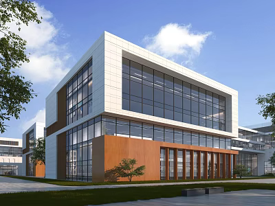 Modern Office Building Exterior With Glass Curtain Wall White Brown Facade And Trees 3d model