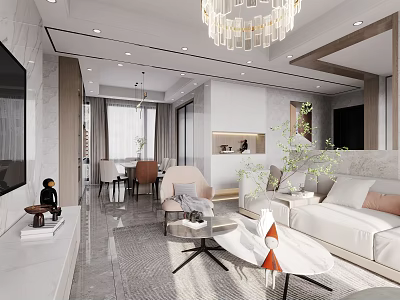 Modern Living and Dining Room Interior with Sofa Coffee Table Dining Set Chandelier and Plants 3d model