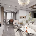 Modern Living and Dining Room Interior with Sofa Coffee Table Dining Set Chandelier and Plants