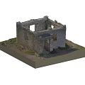 Ancient Stone Ruin Building Model On Black Square Base With Grass And Dirt