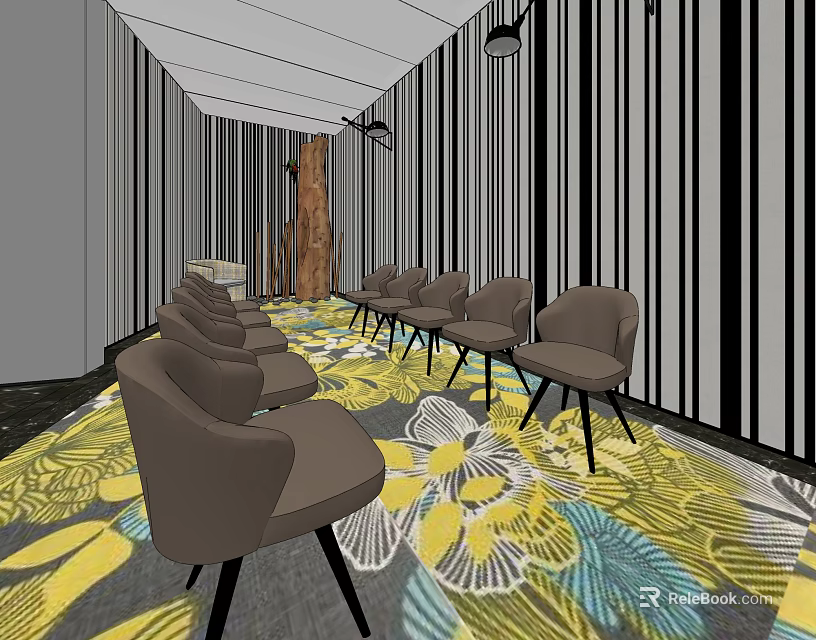 Modern Conference Room Interior With Gray Chairs Striped Walls And Floral Carpet 3d model 