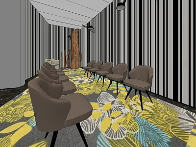 Modern Conference Room Interior With Gray Chairs Striped Walls And Floral Carpet 3d model