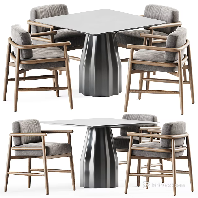 Stylish Modern Dining Table And Chair Set With Wooden Frame Armchairs And Metal Pedestal Base 3d model 