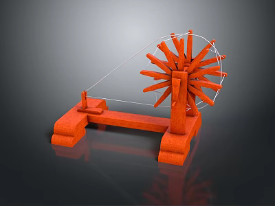 Decorative Orange Spinning Wheel for Household Decoration with Wooden Base and Spokes 3d model