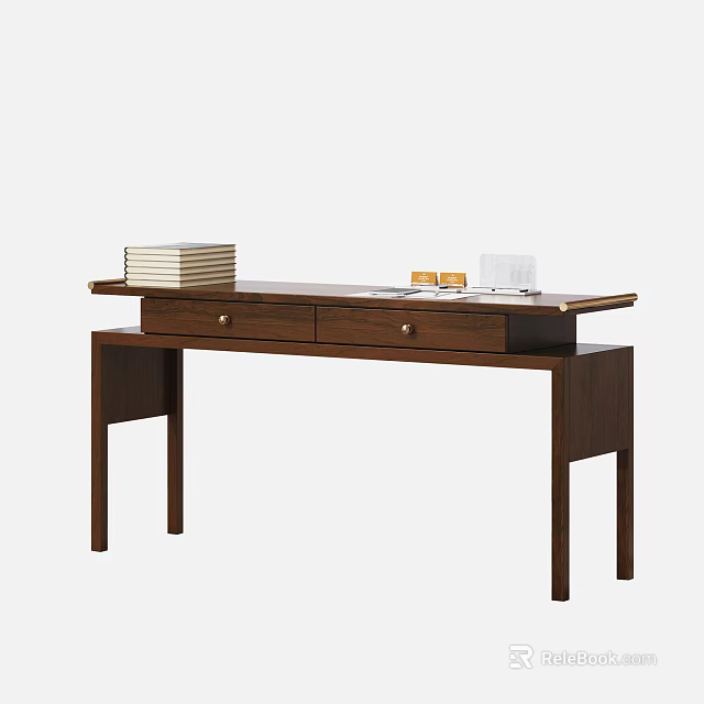 Modern Wooden Desk With Two Drawers Stacked Books Tablet And Small Cups 3d model 