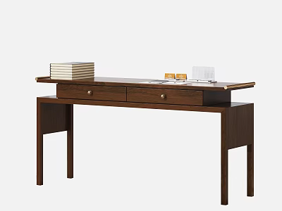 Modern Wooden Desk With Two Drawers Stacked Books Tablet And Small Cups 3d model