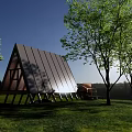 Triangular Roof Wooden House With Glass Walls Trees Car And Stone Steps