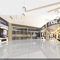 Modern Shopping Mall Lobby with Pendant Lights Green Plants Escalators and White Pillars