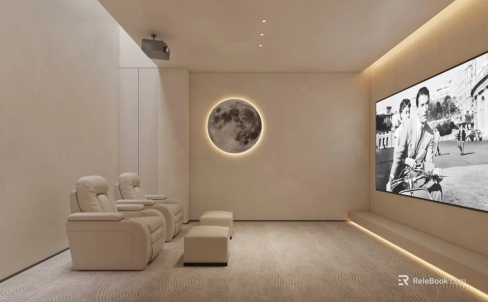 Modern Home Theater Interior with Beige Leather Recliners Circular Moon Decor and Large Screen TV 3d model 