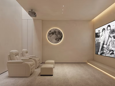 Modern Home Theater Interior with Beige Leather Recliners Circular Moon Decor and Large Screen TV 3d model