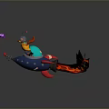 Cartoon Bird In Red Headscarf On Blue Rocket With Red Flames Purple Star Yellow Particles